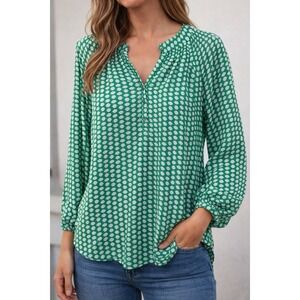 Chaus New York Blouse Women Size Large Green/White V Neck Long Sleeve Flowy Top
